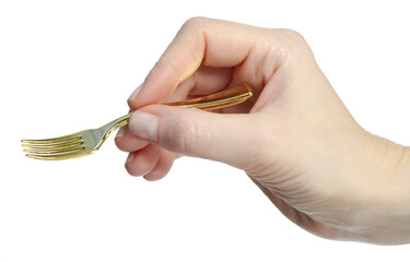 Gold fork in hand on white background isolation