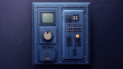 Vintage control panel with dials and buttons, set against a textured dark background, evoking a retro technology theme