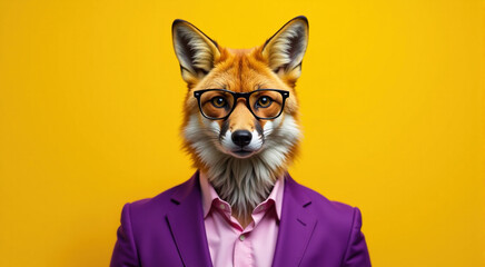 Close-up portrait of a fox wearing glasses and a purple suit against a yellow background.