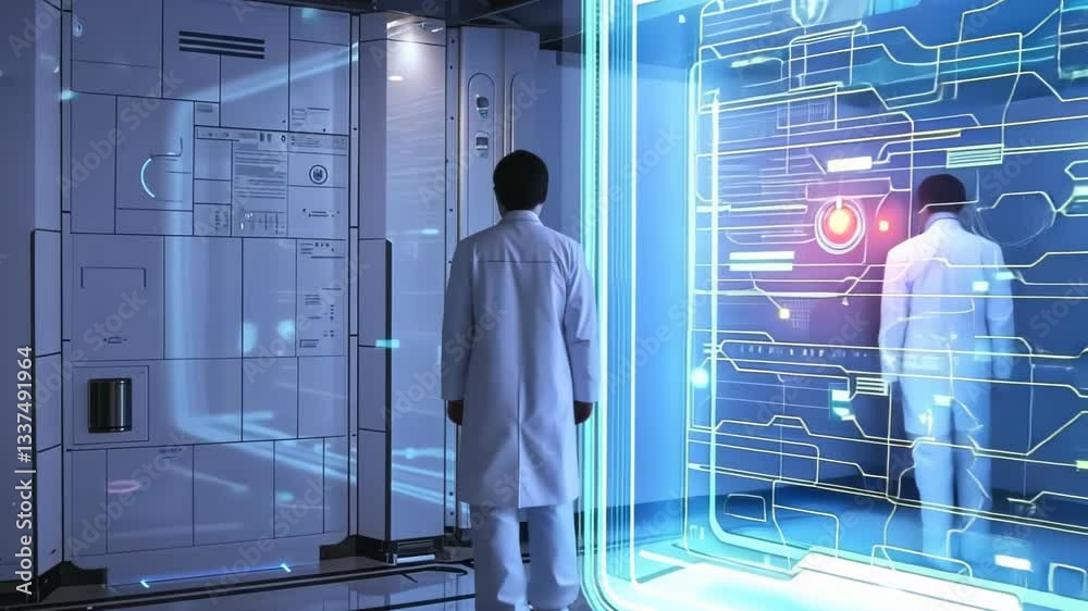 Poster exploring advanced technology in a futuristic lab environment with interactive holograms