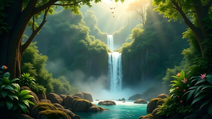 Tropical rainforest with cascading waterfalls and colorful flowers high resolution photo