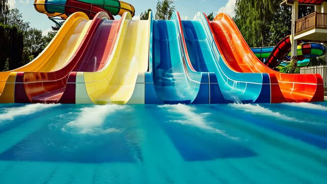 Colorful water slides gleam under the summer sun, offering family fun in the aquapark. Ai Generated