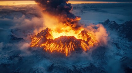 Fototapeta premium Fiery Volcano Eruption: Aerial View of a Dramatic Volcanic Landscape
