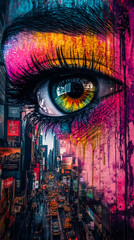 Hyper-Realistic Cityscape Portrait - Vibrant Woman's Face with Dripping Makeup & Color Splash Effect for Fashion & Advertising Campaigns