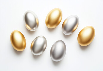 Luxury Gold & Silver Easter Eggs &ndash; Minimalist Flat Lay on White Background &ndash; High-Resolution Stock Photo with Professional Color Grading