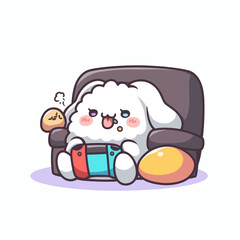 Obraz premium A cute, fluffy white creature with droopy eyes and a tongue sticking out, lounging on a couch and playing a video game.