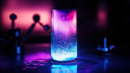 Close-up of a chemical reaction in a glass cylinder, glowing with soft blue and purple light, in a futuristic technology lab.

