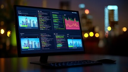 Night city skyline, monitor displaying data, business, modern technology