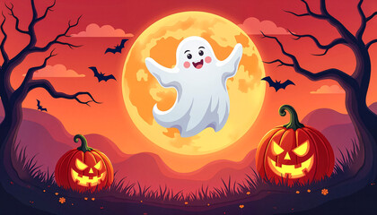 Friendly ghost hovering in front of a large full moon against a spooky Halloween backdrop with carved pumpkins and bats, festive celebration concept.