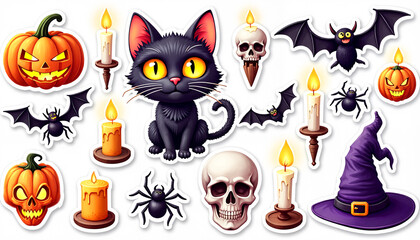 Sticker with a Halloween illustration featuring a black cat, jack-o'-lanterns, candles, bats, spiders, skulls, and a witch's hat, vibrant spooky design concept.