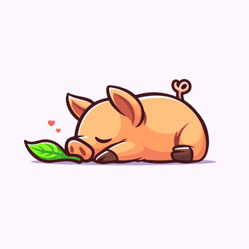 Cute cartoon piglet sleeping peacefully next to a green leaf with tiny hearts.