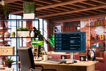 AI LLM chatbot on computer screen in home office designed to understand human language. Artificial intelligence chatbot on monitor trained on data enabling it to perform complex tasks