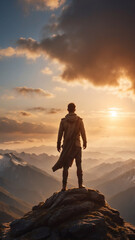 Fototapeta premium Man standing on a rocky peak, overlooking mountains at sunset. The sky is filled with orange and golden light, inspiring adventure and serenity.