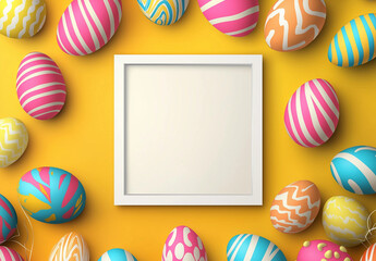 Obraz premium Colorful Easter Background with Chocolate Eggs – Square Frame on Geometric Pattern for Holiday Card or Banner Design