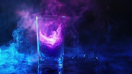 Close-up of a chemical reaction in a glass cylinder, glowing with soft blue and purple light, in a futuristic technology lab.


