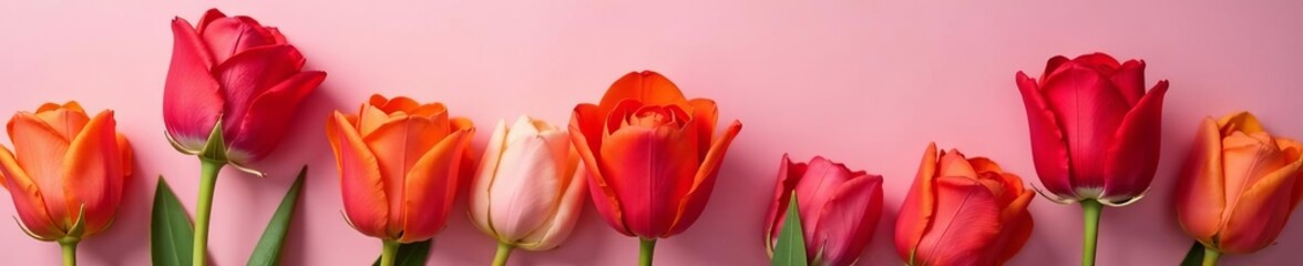 Naklejka premium Close-up of roses and tulips in shades of red and orange on pink backdrop, romantic, vibrant