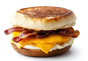 Delicious breakfast sandwich featuring crispy bacon, melted cheddar cheese, and a perfectly fried egg on a toasted English muffin