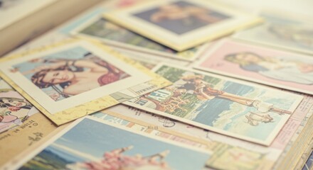 Fototapeta premium Soft-focus pastel scrapbook texture with layered magazine cutouts and subtle embossed details.