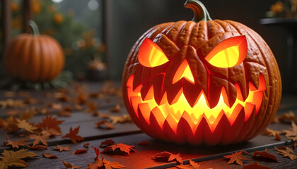 A carved jack-o'-lantern with intricate details and glowing features surrounded by autumn leaves, symbolizing Halloween spirit.