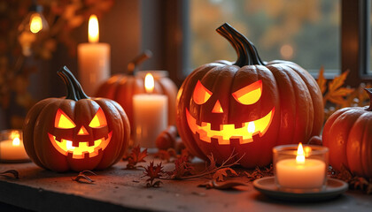 Fototapeta premium Glowing jack-o'-lanterns with flickering candles and autumn leaves, creating an elegant Halloween ambiance, seasonal celebration concept.