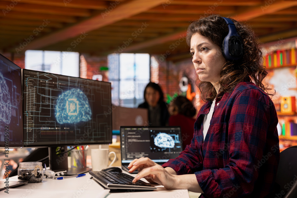 Poster it engineer wearing headphones works in ai tech agency providing custom software development service