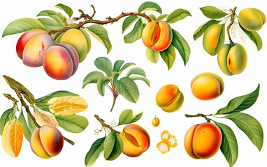 Obraz premium Various peach varieties with detailed illustrations of fruits and leaves displayed together on a white background