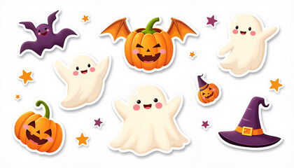 Obraz premium Sticker set featuring playful cartoon ghosts sticker set , smiling jack-o'-lanterns, and witch hats in a festive Halloween theme, perfect for children's decorations and holiday fun.
