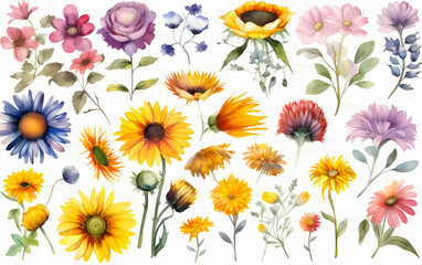 Bright and colorful floral arrangement featuring a variety of wildflowers in different styles and colors on a white background