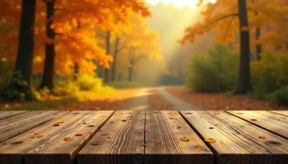 Close-up of textured wooden table with scenic autumn forest background, texture, colorful