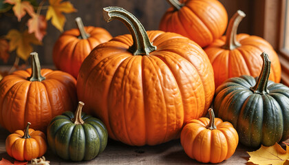 Elegant Halloween-inspired pumpkin arrangement with varying shades of orange, deep green, and muted yellow against a rustic wooden background, autumn symbolism.