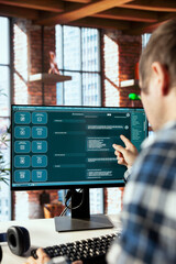 Teleworker in home office requesting aid from large language model generative AI chatbot engaging...