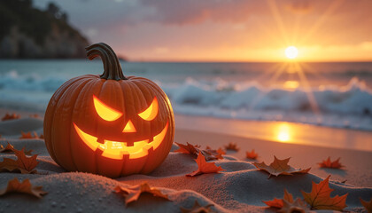 Grinning jack-o'-lantern glowing on sandy beach at dusk, festive autumn concept. Mock up with free space for text