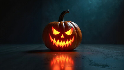 Naklejka premium Sinister carved pumpkin glowing in dark room with eerie reflections, Halloween concept.