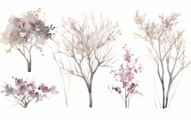 Obraz premium Watercolor trees showcasing autumn foliage in soft hues against a blank backdrop highlighting seasonal transitions and nature's beauty