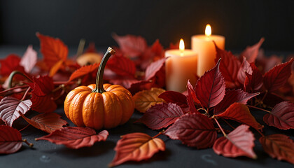 Elegant Halloween-inspired autumn arrangement featuring deep red and orange leaves, a small pumpkin, and subtle candlelight against a dark background, cozy ambiance concept.