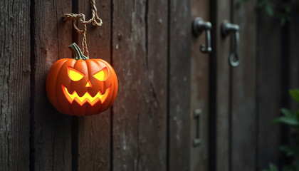 Obraz premium Carved jack-o’-lantern glowing ominously against a rustic wooden wall, Halloween spirit and autumn celebration.