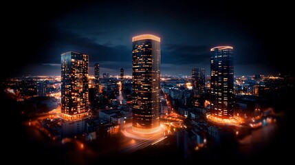 Obraz premium Night cityscape with illuminated skyscrapers.
