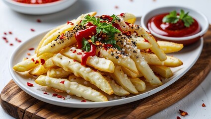 close-up Creamy French Fries (Kentang Goreng) topped with  with coarse salt, black pepper, and red chili flakes, served with ketchup