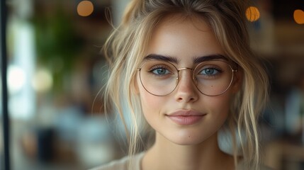 Portrait of a young woman with blonde hair wearing round glasses