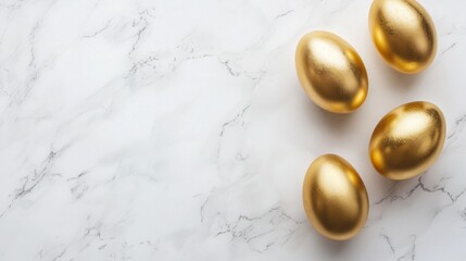 Four shiny golden eggs are arranged on a white marble surface, symbolizing wealth creation, financial security, and long-term investment strategies for a prosperous future