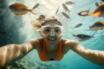 Coastal marine reserve visit. A dense school of silver fish swims next to her. Sunlit underwater beauty. Stunning underwater photography. Bright commercial style image. Exploring coral garde.