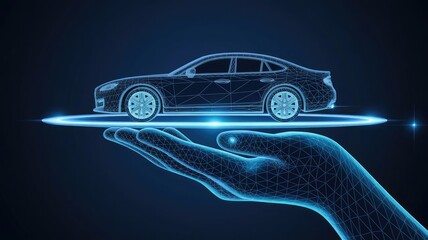 3d hand holding car on the plate. Abstract vector illustration in dark blue. Best cars, auto center, rental or sale concept. Digital polygonal mesh wireframe with dots, lines, shapes and glowing stars