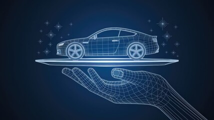 3d hand holding car on the plate. Abstract vector illustration in dark blue. Best cars, auto center, rental or sale concept. Digital polygonal mesh wireframe with dots, lines, shapes and glowing stars