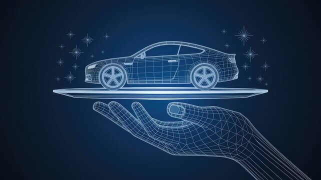 3d hand holding car on the plate. Abstract vector illustration in dark blue. Best cars, auto center, rental or sale concept. Digital polygonal mesh wireframe with dots, lines, shapes and glowing stars