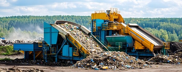 A modern waste recycling facility processes garbage with heavy machinery. The plant efficiently manages waste, emphasizing the importance of sustainable waste management.