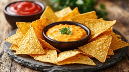 Chips and dip on slate with wooden backdrop and ketchup in a bowl
