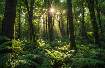 Fototapeta premium lush, green forest with sunlight filtering through the trees