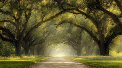 Obraz premium A peaceful avenue with ancient oak trees forming a natural tunnel and wildflowers at the edges