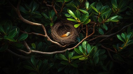 Fototapeta premium A peaceful forest canopy with a single nest blending into the dense leaves