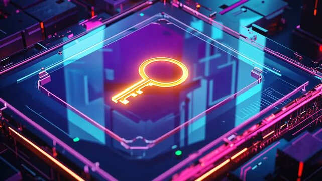 Cybersecurity concept with glowing key icon on computer circuit board